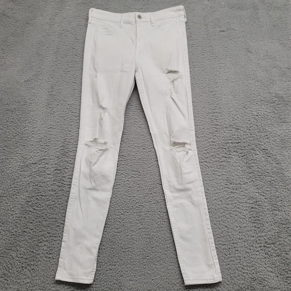 Hollister Jeans Womens 9R White Distressed High Rise Super Skinny Ripped Casual